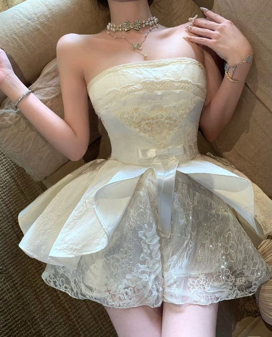 Pretty Ball Gown Strapless Ivory Lace Short Mini Formal 8th Grade Homecoming Dresses Summer Middle School Hoco Dress Homecoming Outfits DH681