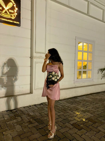 Sexy A line Spaghetti Straps Pink Satin Mini Short Formal 8th Grade Homecoming Dresses Summer Middle School Hoco Dress Homecoming Outfits Birthday Outfit DH686