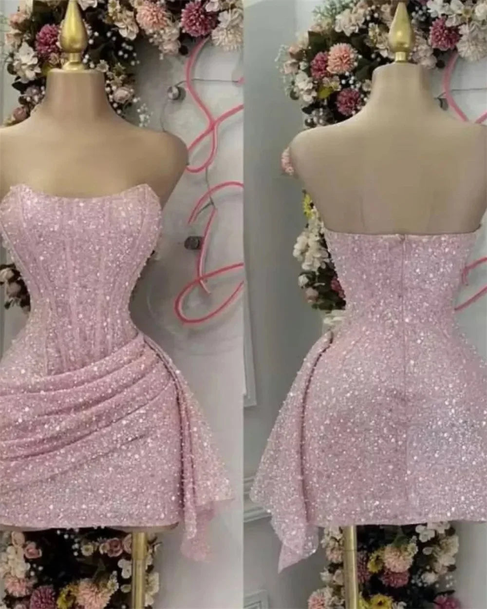 Cute Sheath Strapless Pink Sequin Mini Short Formal 8th Grade Homecoming Dresses Summer Middle School Hoco Dress Homecoming Outfits DH716