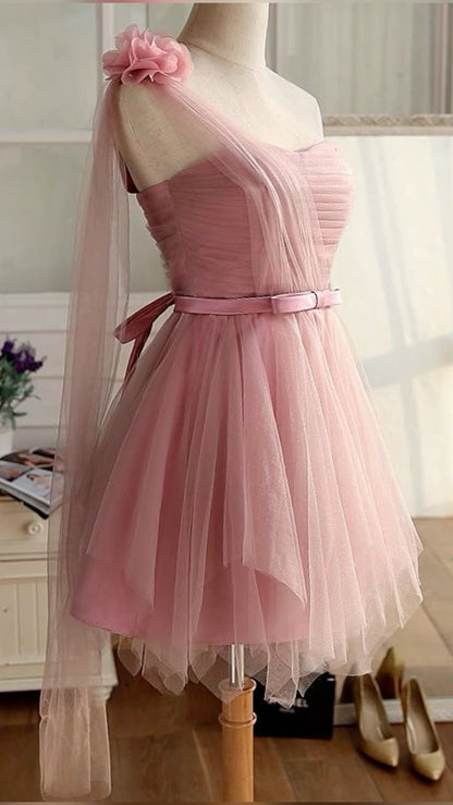 Cute A line One Shoulder Pink Tulle Mini Short Formal 8th Grade Homecoming Dresses Summer Middle School Hoco Dress Homecoming Outfits Birthday Outfit DH721