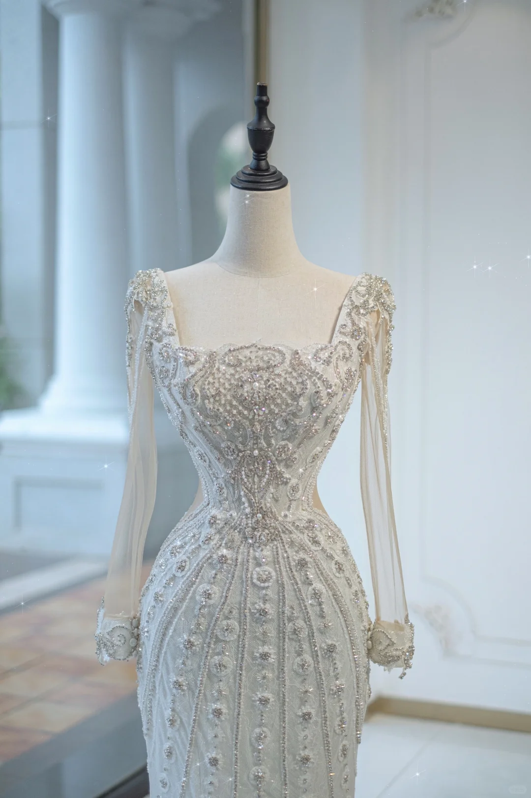 Unique Bridal Gown Mermaid Square Neck Long Sleeves White Silver Beads Wedding Dresses Modest Bridal Gowns DH730