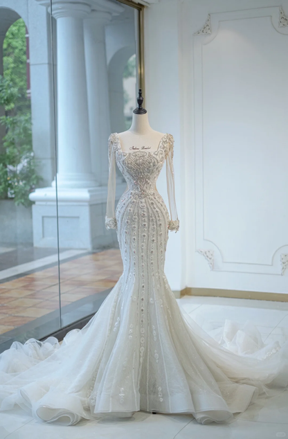 Unique Bridal Gown Mermaid Square Neck Long Sleeves White Silver Beads Wedding Dresses Modest Bridal Gowns DH730