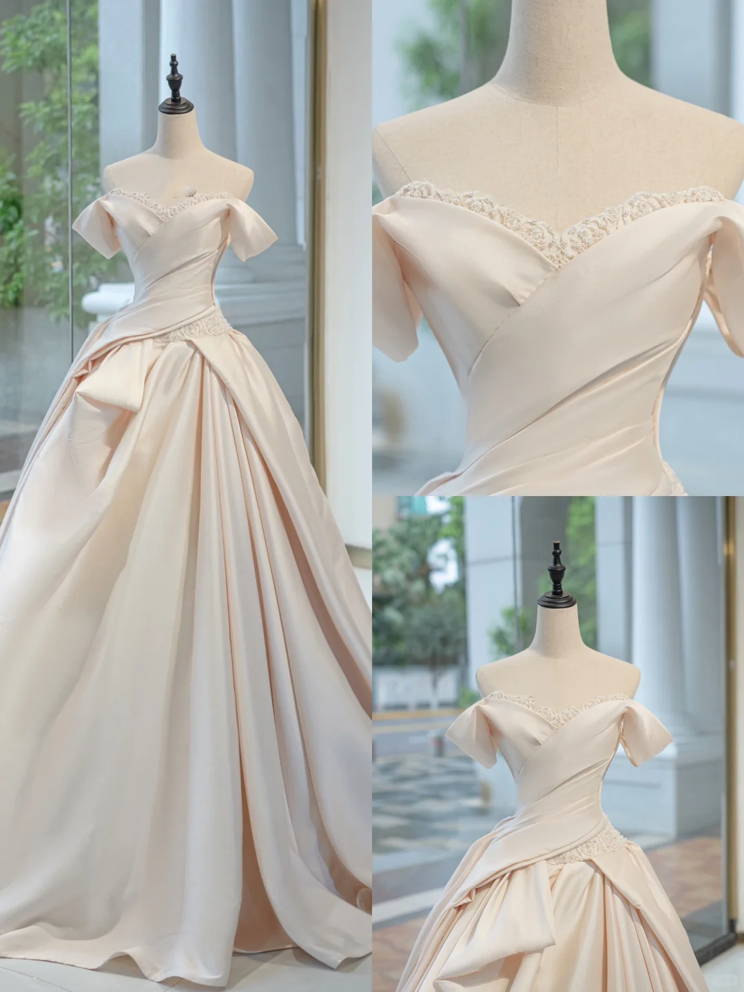 Timeless Bridal Gown Ball Gown Off The Shoulder Satin Long Light Pink Wedding Dresses Elegant Brides Gowns DH731