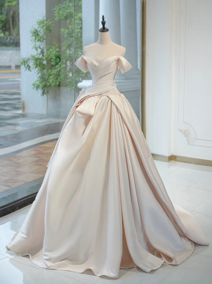 Timeless Bridal Gown Ball Gown Off The Shoulder Satin Long Light Pink Wedding Dresses Elegant Bridal Gowns DH732