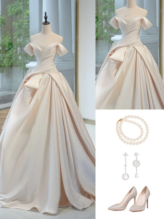 Timeless Bridal Gown Ball Gown Off The Shoulder Satin Long Light Pink Wedding Dresses Elegant Brides Gowns DH731
