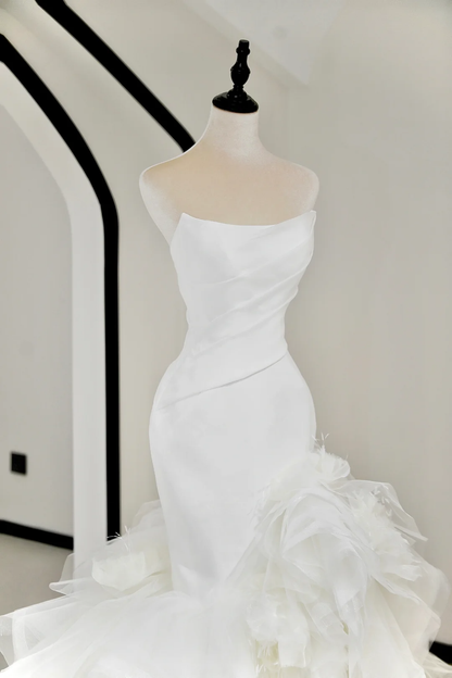 Unique Bridal Gown Mermaid Strapless White Satin Long Wedding Dresses Elegant Brides Gowns DH734