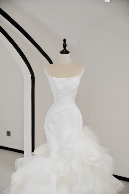 Unique Bridal Gown Mermaid Strapless White Satin Long Wedding Dresses Elegant Brides Gowns DH734