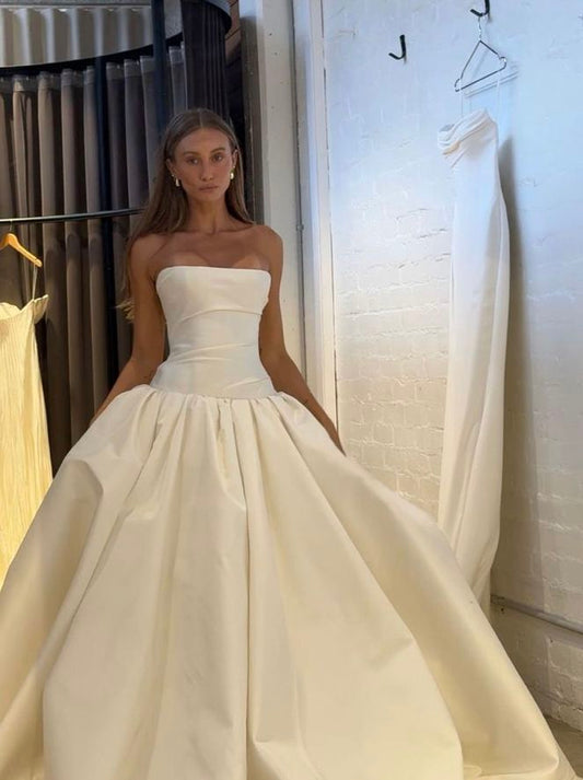 Classy Elegant Wedding Dress Ball Gown Strapless Satin Long Wedding Dresses Bridal Gowns DH735