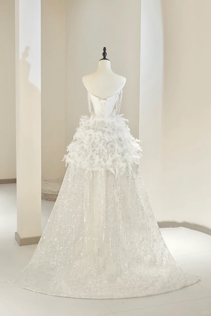 Unique Bridal Gown A Line Sweetheart White Satin Long Wedding Dresses Silver Beads Elegant Brides Gowns DH736