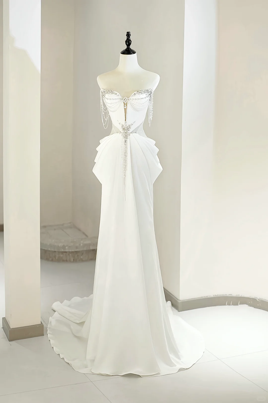 Unique Bridal Gown A Line Sweetheart White Satin Long Wedding Dresses Silver Beads Elegant Brides Gowns DH736
