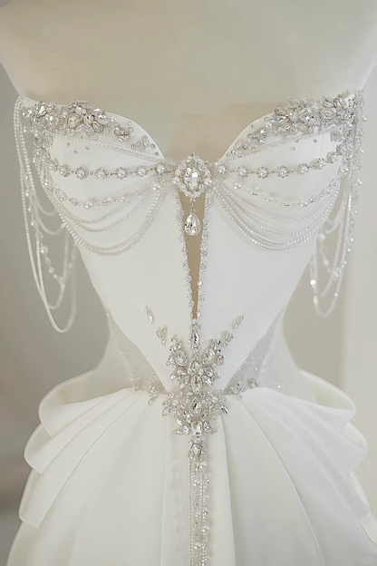 Unique Bridal Gown A Line Sweetheart White Satin Long Wedding Dresses With Silver Beads Elegant Brides Gowns DH738