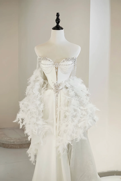 Unique Bridal Gown A Line Sweetheart White Satin Long Wedding Dresses Silver Beads Elegant Brides Gowns DH736