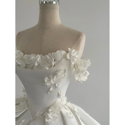 Dreamy Wedding Dress Ball Gown Off The Shoulder Satin White Wedding Dresses Bridal Gowns DH737