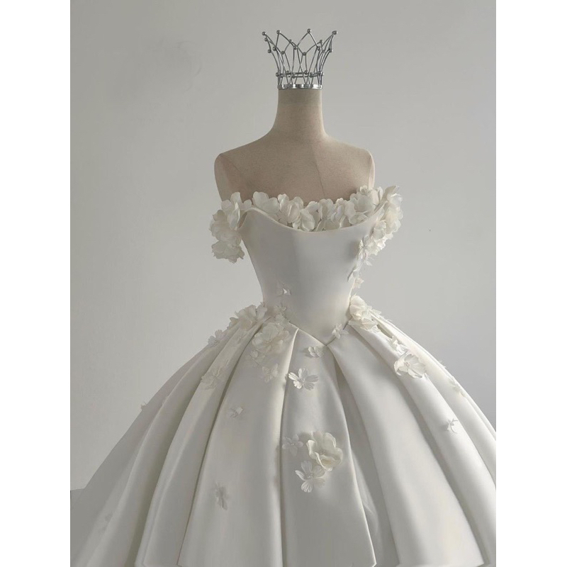 Dreamy Wedding Dress Ball Gown Off The Shoulder Satin White Wedding Dresses Bridal Gowns DH737
