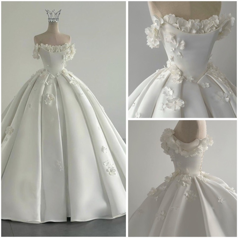 Dreamy Wedding Dress Ball Gown Off The Shoulder Satin White Wedding Dresses Bridal Gowns DH737