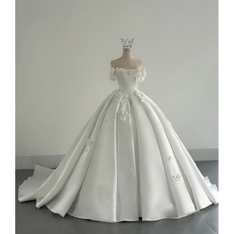 Dreamy Wedding Dress Ball Gown Off The Shoulder Satin White Wedding Dresses Bridal Gowns DH737