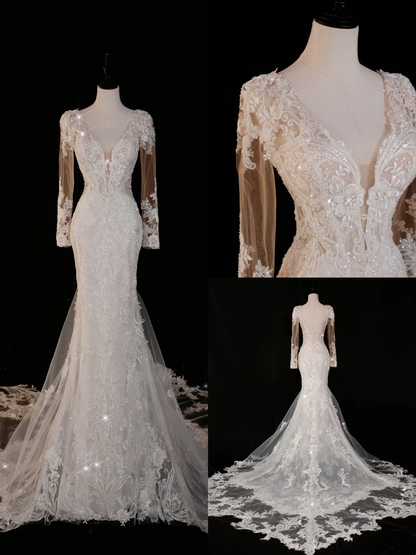 Timeless Bridal Gown Mermaid V Neck Long Sleeves Lace Long Wedding Dresses Elegant Brides Gowns DH737