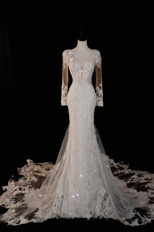 Timeless Bridal Gown Mermaid V Neck Long Sleeves Lace Long Wedding Dresses Elegant Brides Gowns DH737