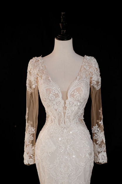 Timeless Bridal Gown Mermaid V Neck Long Sleeves Lace Long Wedding Dresses Elegant Brides Gowns DH737