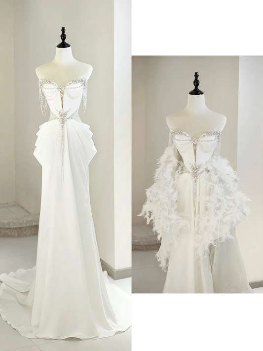 Unique Bridal Gown A Line Sweetheart White Satin Long Wedding Dresses With Silver Beads Elegant Brides Gowns DH738