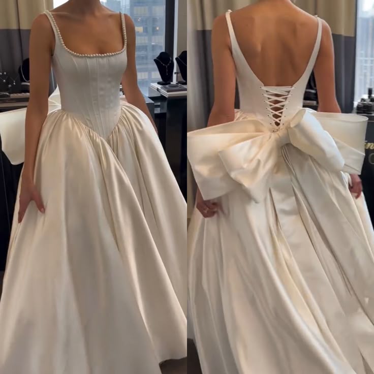 Classic Bridal Gown Ball Gown Square Neck Sleeveless Satin White Wedding Dresses Minimalist Bridal Gowns DH739