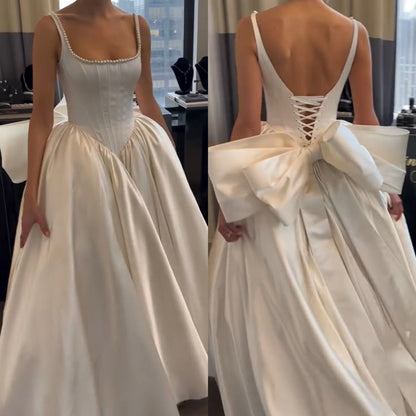 Classic Bridal Gown Ball Gown Square Neck Sleeveless Satin White Wedding Dresses Minimalist Bridal Gowns DH738