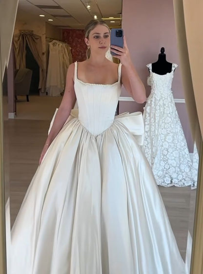 Classic Bridal Gown Ball Gown Square Neck Sleeveless Satin White Wedding Dresses Minimalist Bridal Gowns DH740