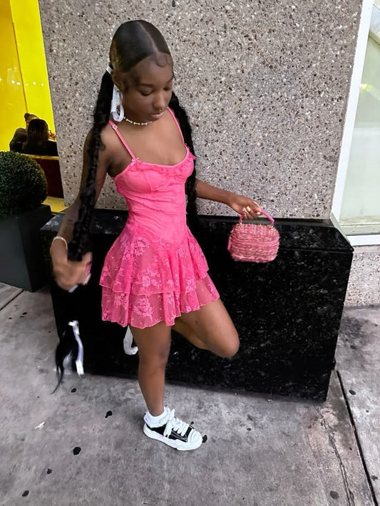Cute A Line Spaghetti Straps Pink Lace Sleeveless Mini Short Formal 8th Grade Homecoming Dresses Summer Middle School Hoco Dress Homecoming Outfits DH744