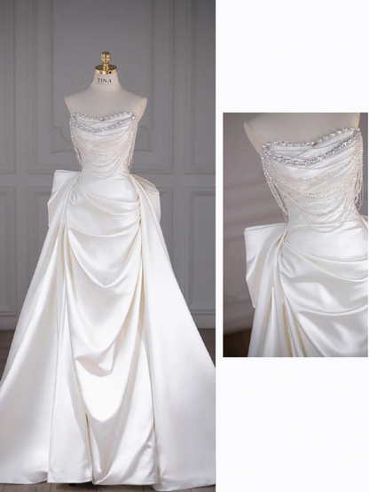 Classic Bridal Gown Sheath Sweetheart Satin Long White Wedding Dresses Elegant Bridal Gowns DH749