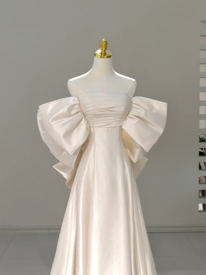Classic Bridal Gown A Line Off The Shoulder Short Sleeves Satin White Wedding Dresses Minimalist Bridal Gowns DH752