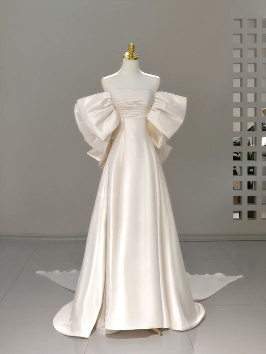 Classic Bridal Gown A Line Off The Shoulder Short Sleeves Satin White Wedding Dresses Minimalist Bridal Gowns DH752