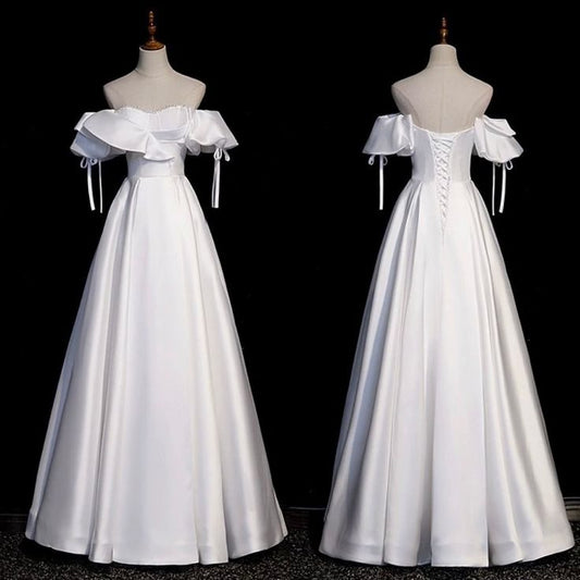 Classic Bridal Gown A Line Off The Shoulder Short Sleeves Satin White Wedding Dresses Minimalist Bridal Gowns DH754