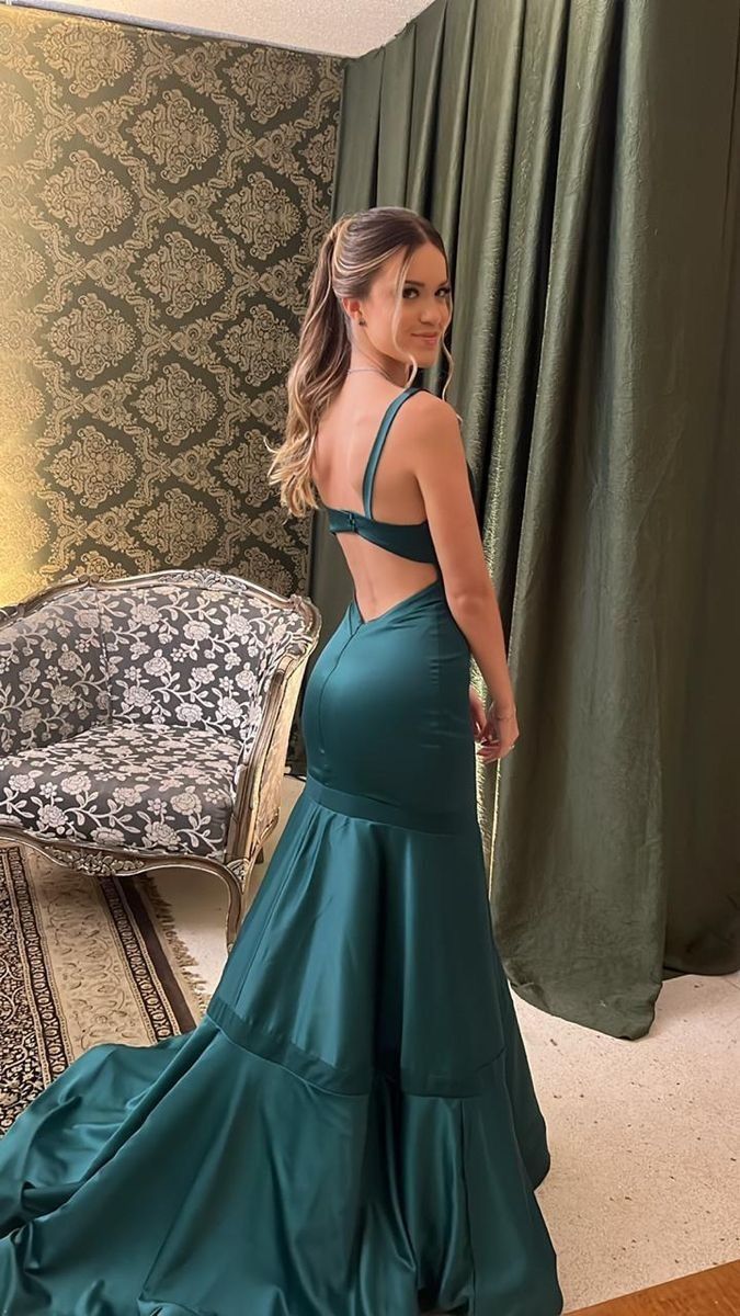 Elegant Mermaid Straps Green Satin Long Prom Dresses Party Dress Summer 20th Birthday Outfits 18th Birthday Dresses DH772