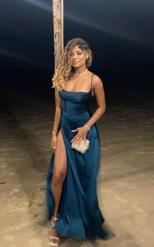 Elegant A line Spaghetti Straps Slit Navy Blue Prom Dresses Party Dress Summer 20th Birthday Outfits 18th Birthday Dresses DH784
