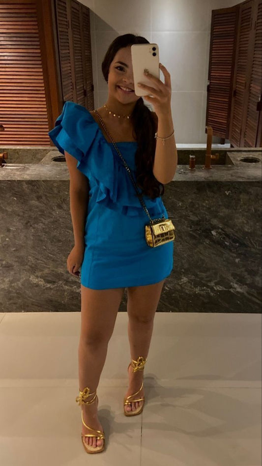 Cute Sheath One Shoulder Blue Satin Mini Short Formal 8th Grade Homecoming Dresses Summer Middle School Hoco Dress Homecoming Outfits 25 Birthday Dress DH789