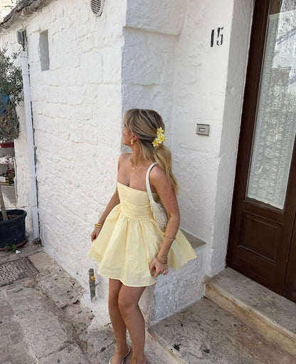 Cute A line Strapless Yellow Chiffon Mini Short Formal 8th Grade Homecoming Dresses Summer Middle School Hoco Dress Homecoming Outfits 25 Birthday Dress DH796