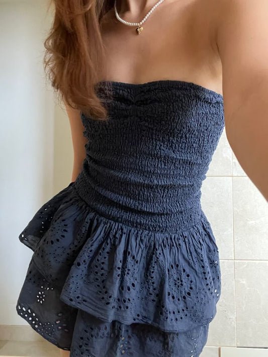 Cute A line Strapless Navy Blue Lace Mini Short Formal 8th Grade Homecoming Dresses Summer Middle School Hoco Dress Homecoming Outfits 25 Birthday Dress DH797