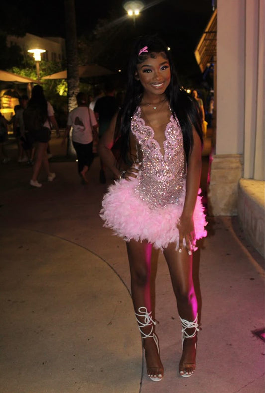 Pretty Sheath V Neck Sleeveless Pink Sequin Short Mini Formal 8th Grade Homecoming Dresses Summer Middle School Hoco Dress Homecoming Outfits DH816