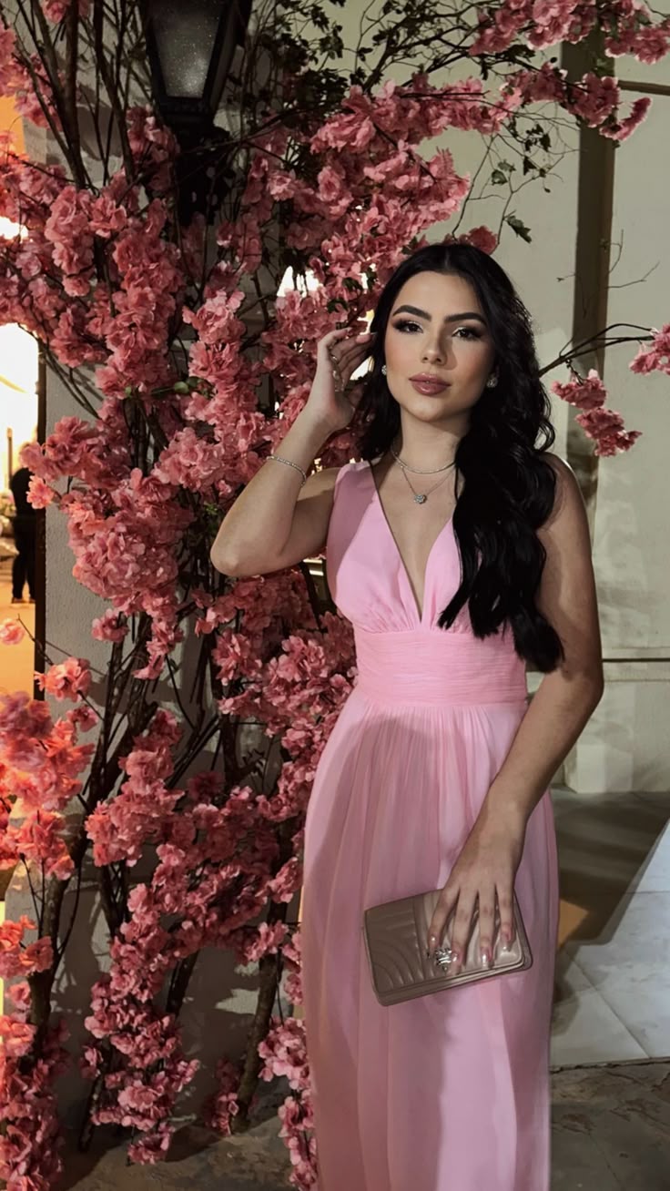 Elegant A line V Neck Pink Chiffon Long Prom Dresses Party Dress Summer 20th Birthday Outfits 18th Birthday Dresses DH838