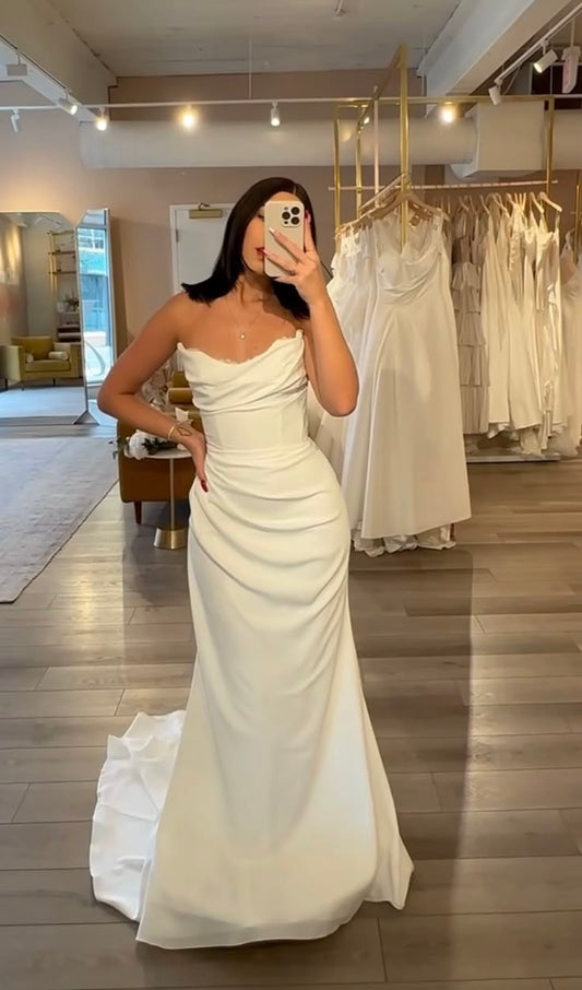 Classic Bridal Gown Mermaid Strapless Satin Long White Wedding Dresses Elegant Bridal Gowns DH852