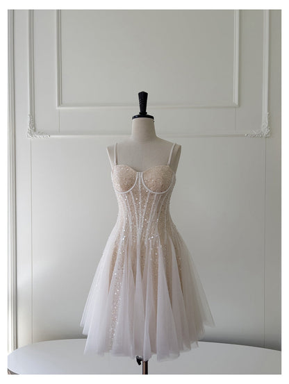 Cute A line Spaghetti Straps Champagne Sequin Short Homecoming Dress Summer Middle School Formal 8th Grade Hoco Dresses Summer Homecoming Outfits DH85