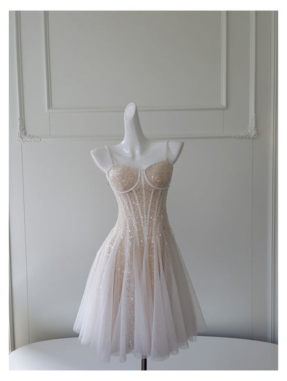 Cute A line Spaghetti Straps Champagne Sequin Short Homecoming Dress Summer Middle School Formal 8th Grade Hoco Dresses Summer Homecoming Outfits DH85