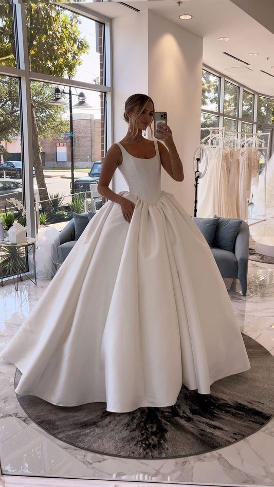Classic Bridal Gown Ball Gown Square Neck Sleeveless Satin Long White Wedding Dresses Elegant Bridal Gowns Brides Dress DH862