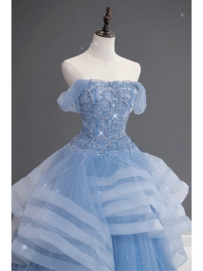 Pretty Ball Gown Off The Shoulder Blue Tulle Long Quinceanera Dress Formal Gowns Vestido De 15 Anos Sweet 16 Dress DH866