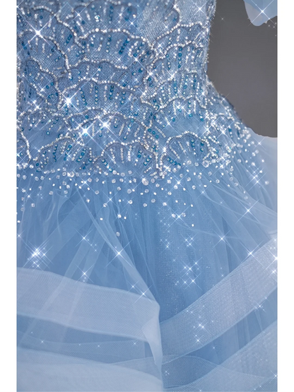 Pretty Ball Gown Off The Shoulder Blue Tulle Long Quinceanera Dress Formal Gowns Vestido De 15 Anos Sweet 16 Dress DH866