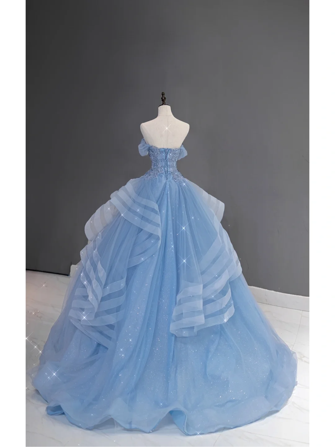 Pretty Ball Gown Off The Shoulder Blue Tulle Long Quinceanera Dress Formal Gowns Vestido De 15 Anos Sweet 16 Dress DH866
