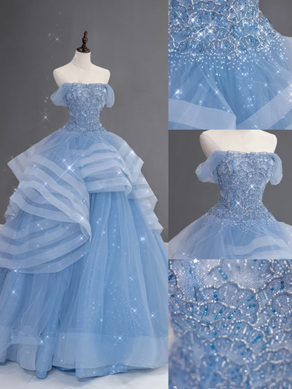Pretty Ball Gown Off The Shoulder Blue Tulle Long Quinceanera Dress Formal Gowns Vestido De 15 Anos Sweet 16 Dress DH866
