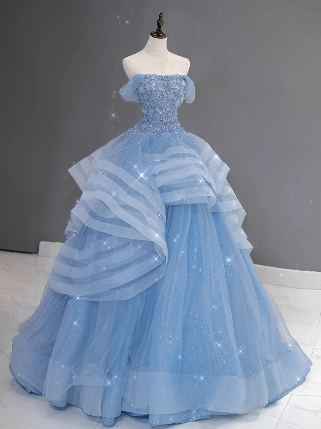 Pretty Ball Gown Off The Shoulder Blue Tulle Long Quinceanera Dress Formal Gowns Vestido De 15 Anos Sweet 16 Dress DH866