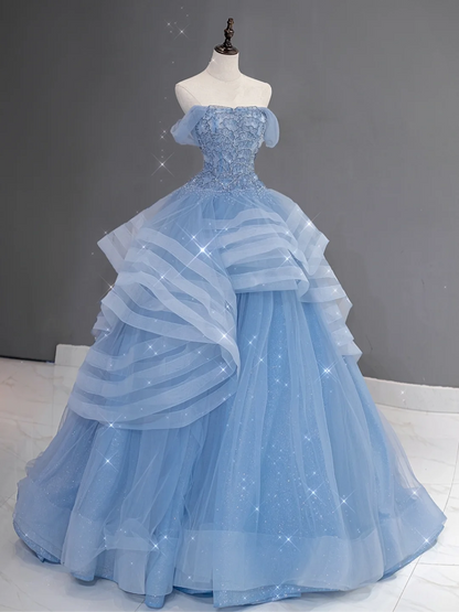 Pretty Ball Gown Off The Shoulder Blue Tulle Long Quinceanera Dress Formal Gowns Vestido De 15 Anos Sweet 16 Dress DH866