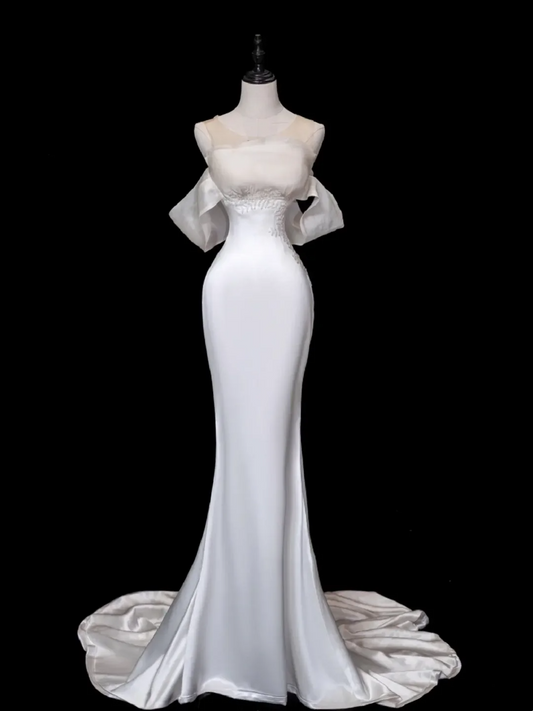 Pretty Bridal Gown Mermaid Off The Shoulder Satin Long White Wedding Dresses Elegant Bridal Gowns Brides Dress DH876